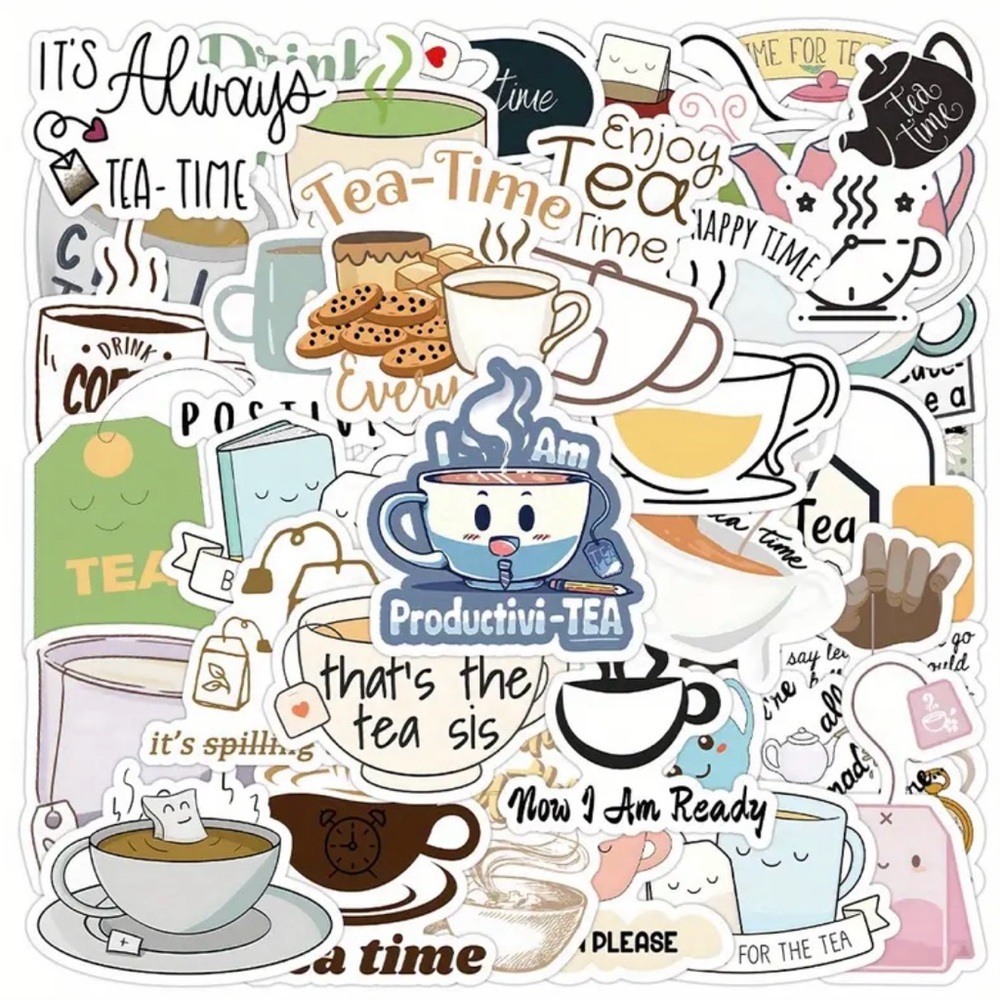 50 Drink Tea Stickers Teabags Teapot